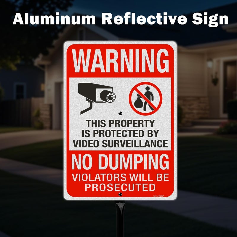 TR Large No Dumping Signs, Property Protected By Video Surveillance Sign with 54" Stake, Violators Will Be Prosecuted - 14"x10" .040 Rust Free Aluminum, Reflective, Waterproof and Fade Resistant, 2 pre-drilled holes, Includes Matching Screws & Wrench, Easy to Mount - Image 5